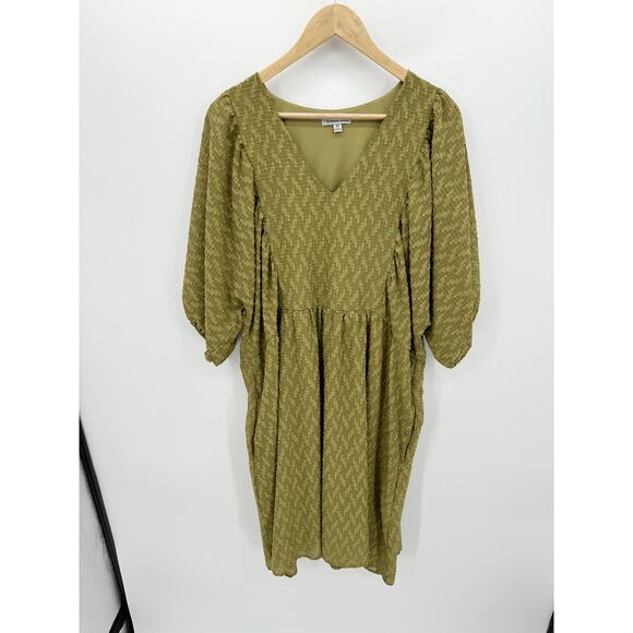 Ophelia Roe Dress Women 2X Mustard Yellow Textured Midi Dress Boho Cottagecore - Picture 1 of 8